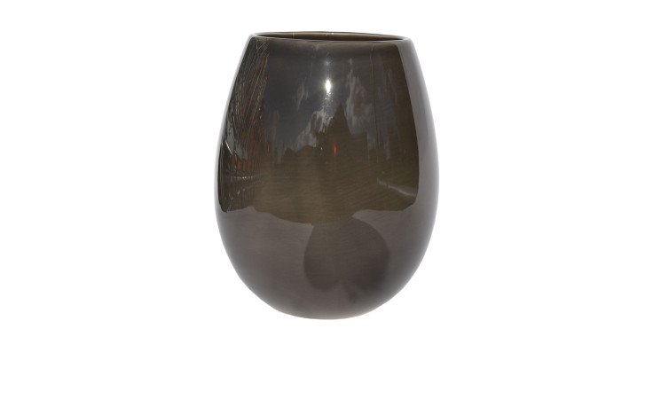 Die Vase 18 cm, eine ovale Vase aus glänzend anthrazitfarbener Keramik, wird vor einem schlichten weißen Hintergrund präsentiert.