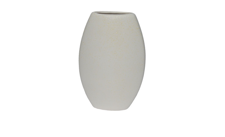 Ovale Vase 24 cm, cremefarbenes Steingut, kleine Öffnung, stehend auf weißem Grund.