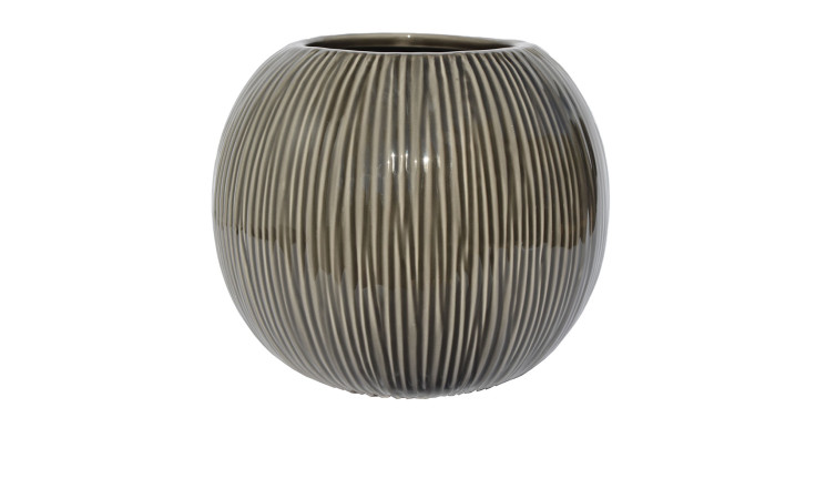 Runde, glänzende Vase 15 cm Anthrazit mit vertikalen Rillen, ideal als neutrales graues Dekorationsstück.
