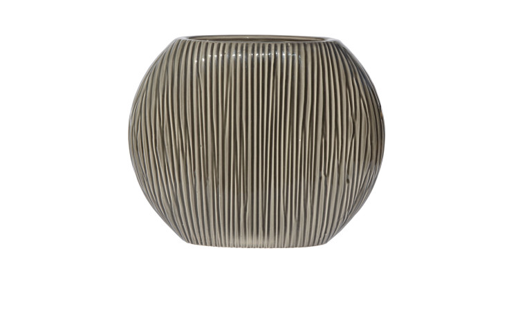 Vase 16 cm Anthrazit aus Keramik mit vertikalen Linien und ovaler Form - stilvolles Deko-Accessoire.