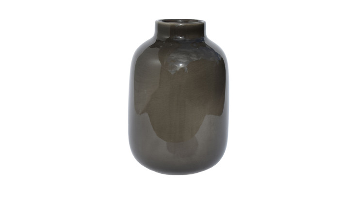 Eine glänzende Vase 24 cm Anthrazit mit einer schmalen Öffnung, vor einem weißen Hintergrund angezeigt.