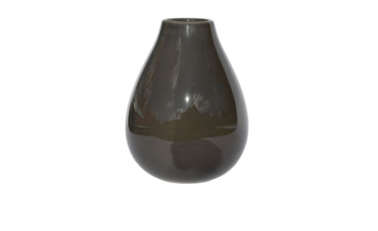 Glänzende, anthrazitfarbene Vase 18 cm mit rundem Körper und schmaler Öffnung, abgebildet auf weißem Hintergrund.
