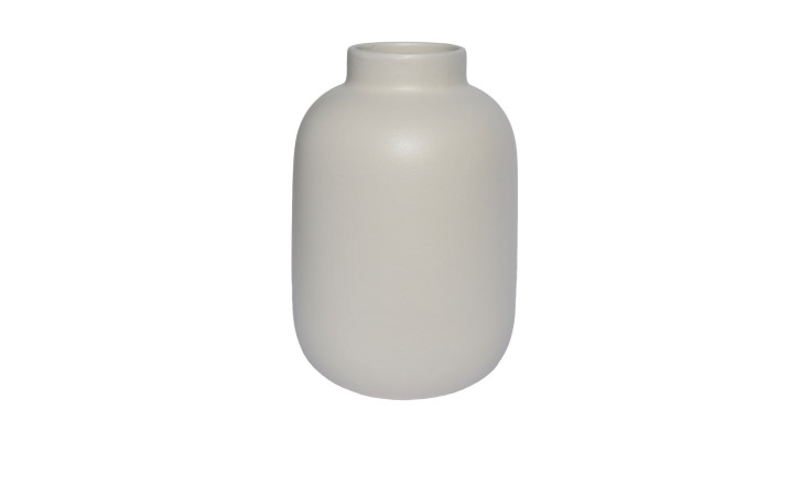 Weiße Vase aus Steingut, 18 cm, mit schmaler Öffnung und glatter Oberfläche, auf weißem Hintergrund.