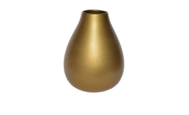 Eine goldene, matte Vase 18 cm Gold mit einer tropfenförmigen Form auf weißem Hintergrund.