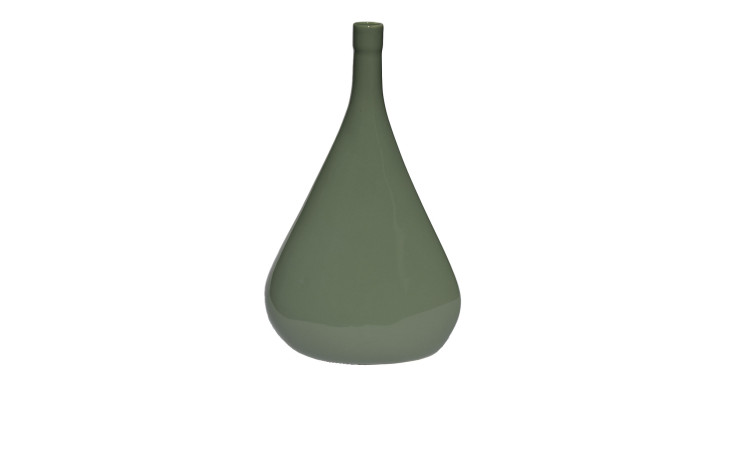 Glänzende Olivenvase, 31 cm, mit schmalem Hals und abgerundetem Boden, auf weißem Hintergrund.
