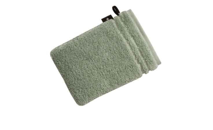 Der Vossen Waschhandschuh Vienna Style Supersoft 16 x 22 cm aus Naturfaser mit Schlaufe auf weißem Hintergrund.