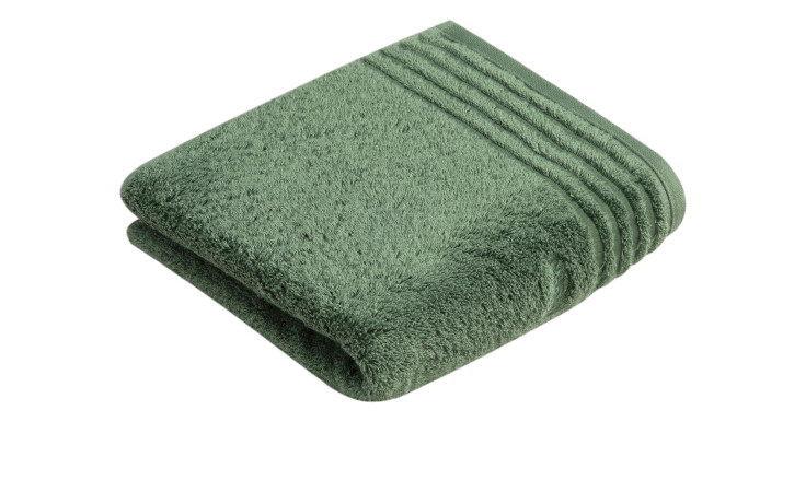Ein gefaltetes Vossen Handtuch Vienna Style Supersoft 50x100 cm mit strukturierten Streifen auf weißem Grund.