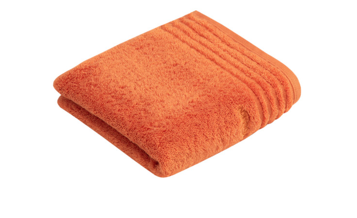 Orange Handtuch Vienna Style Supersoft 50x100 cm von Vossen aus Naturfaser-Frottee mit Streifen, auf Weiß präsentiert.