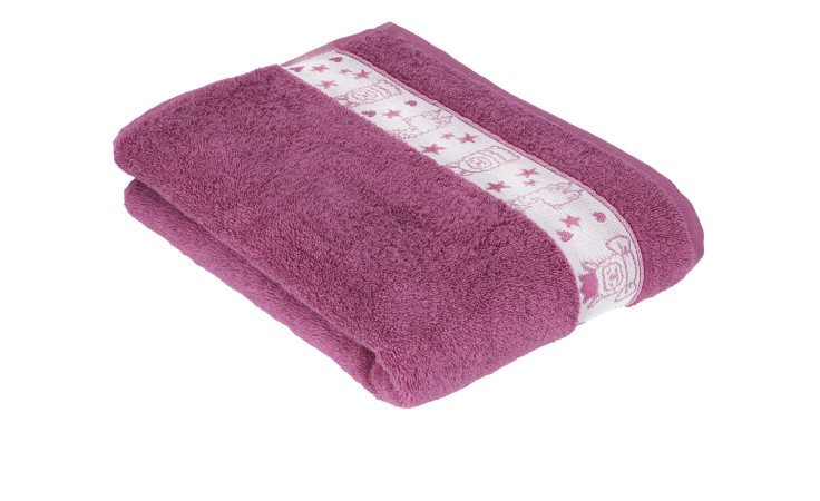 Ein gefaltetes lila Vossen Duschtuch Lama Queen 67x140 cm mit einem weißen Band mit rosa Tier- und Sternenmustern.