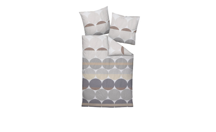 Mako-Satin-Bettwäsche J.D. 135x200 cm Set mit Kissenbezügen; geometrisches Kreismuster in grau, beige & braun.