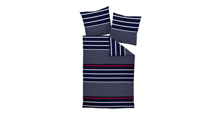 Marineblaue Mako-Satin-Bettwäsche J.D. 135x200 cm mit weiß/roten Streifen, inklusive Bettdeckenbezug und 2 Kissenbezügen.