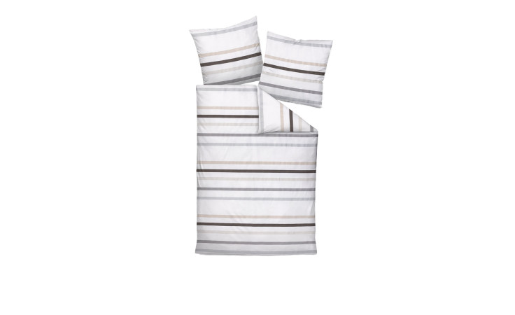 Mako-Satin-Bettwäsche J.D. 155 x 200 cm in weiß mit grau/beigen Streifen, plus zwei passende Kissenbezüge.
