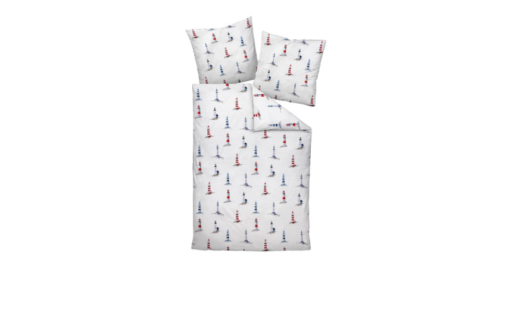 Mako-Satin-Bettwäsche Modern Art S 135x200 cm, weiß mit rot/blauem Leuchtturm-Druck, inklusive zwei Kissenbezügen.