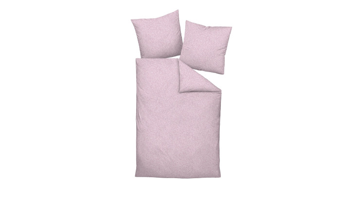 Hellrosa Mako-Satin-Bettwäsche Milano 135 x 200 cm, bestehend aus einem Bettbezug und zwei Kissenbezügen auf weißem Grund.