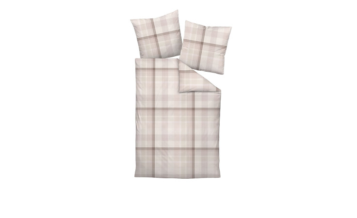 Mako-Satin-Bettwäsche Milano 155x220 cm, beige-braun kariert, Set mit zwei Kissen auf weißem Hintergrund.