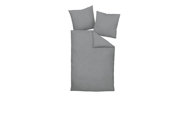 Satin-Bettwäsche 135 x 200 cm Graphit mit Decken- und Kissenbezug, fein säuberlich angeordnet auf weißem Hintergrund.