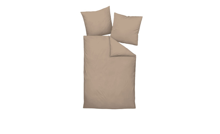 Satin-Bettwäsche 135 x 200 cm Taupe mit zwei Kissen, dargestellt auf weißem Hintergrund.