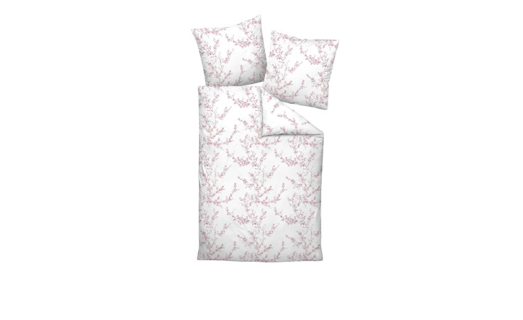 Mako-Satin-Bettwäsche Milano 155x200 cm, weiß mit rosa Blumen, enthält Bettdecken- und zwei Kissenbezüge.