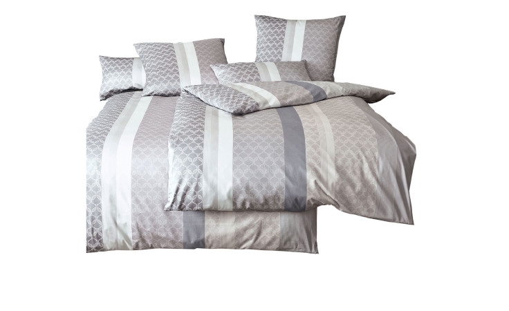 Mako-Satin-Bettwäsche Palermo 135x200 cm: grau-weiß gestreift mit dezentem geometrischen Muster, inkl. Bett- und Kissenbezug.