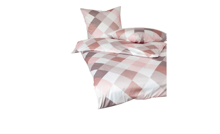 Mako-Satin-Bettwäsche Palermo 135x200 cm in rosa, beige & weiß kariert, mit Bettdecke, Kissenbezug & 2 Kopfkissen.