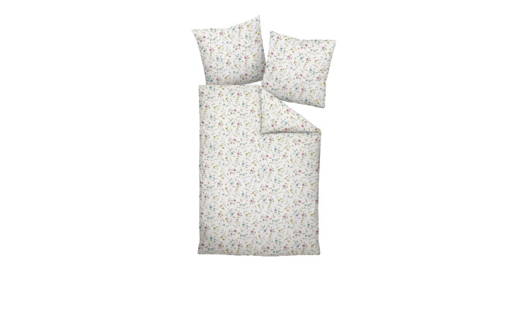 Biber Bettwäsche 135 x 200 cm Davos Set mit floralem Muster, zwei Kissen und Bettbezug auf weißem Untergrund.