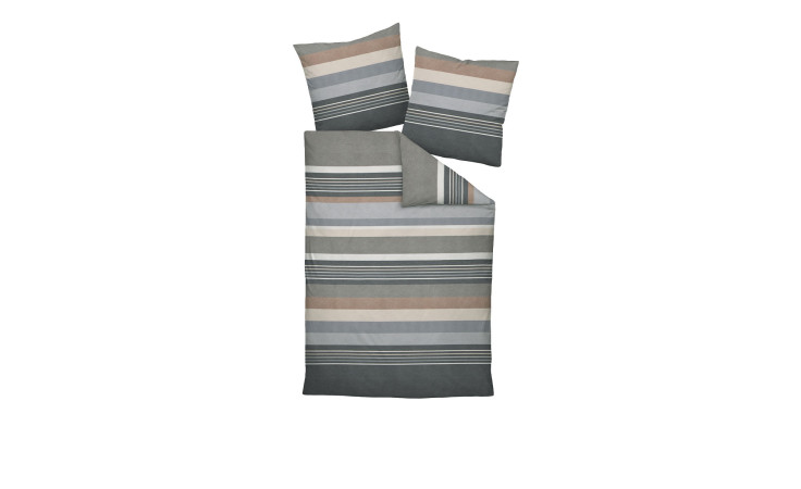 Biber Bettwäsche 200x200 cm Opalgrau Set mit zwei Kissenbezügen und einer Decke in grau, beige, weiß und blau.