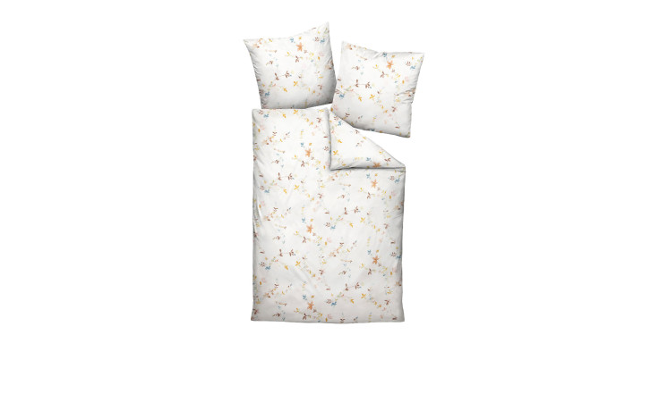 Satin-Bettwäsche Palermo 155x200 cm Set mit zwei Kissen, Blumenmuster, auf weißem Hintergrund präsentiert.