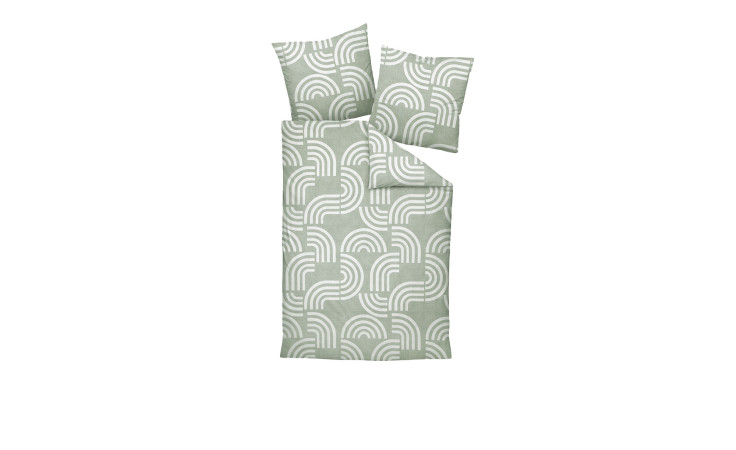 Biber Bettwäsche Davos 135x200 cm, salbeigrün mit weißen Bögen, incl. 2 Kissenbezüge auf Weiß.