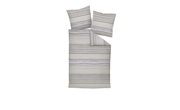 Das Biber Bettwäsche 200 x 200 cm Platin Set besteht aus einem grauen Bettbezug mit mehrfarbigen Streifen und zwei Kissenbezügen.