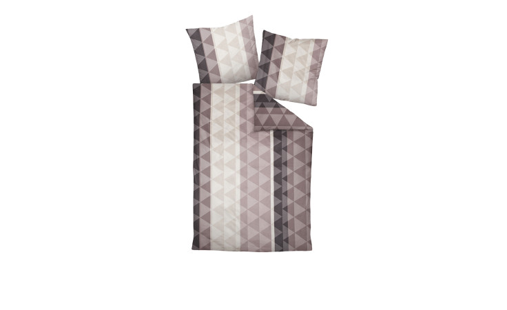Geometrische Biber-Bettwäsche Davos 135 x 200 cm in den Farben Beige, Braun und Grau auf weißem Grund.