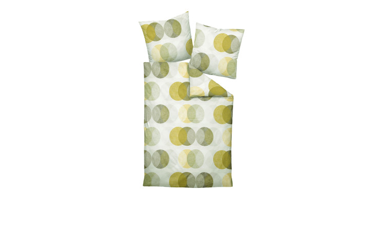 Grüne und gelbe Mako-Satin-Bettwäsche Palermo 135x200cm mit zwei Kopfkissen, Naturfaser, und Bettdeckenbezug.