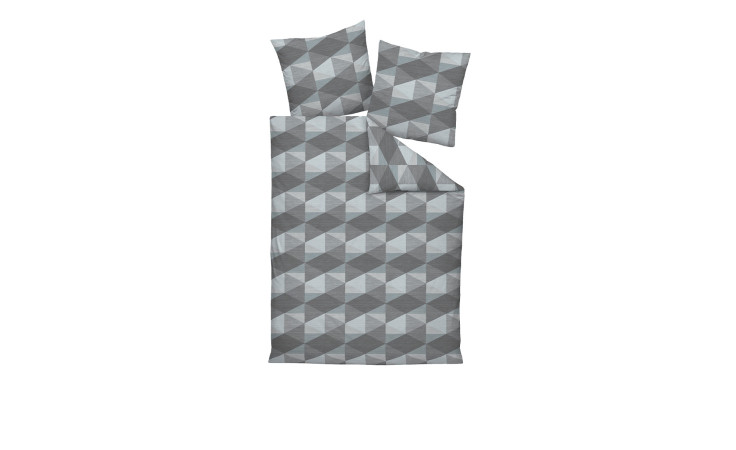 Graues geometrisches Biber Bettwäsche Davos 135 x 200 cm Set mit Kissenbezug und Bettdeckenbezug auf weißem Hintergrund.