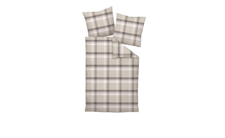 Satin-Bettwäsche Milano 155 x 220 cm in beige und grau kariert mit Bettdecke und zwei Kissen auf weißem Untergrund.