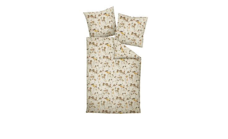 Biber Bettwäsche Davos 155 x 220 cm, beige, Naturfaser, gelb-braunes Blumenmuster, incl. 2 Kissenbezügen.