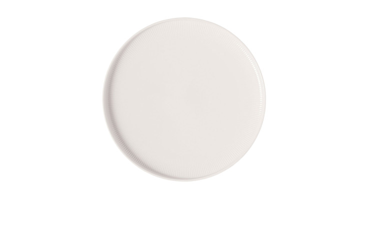 Speiseteller Afina, 27 cm, rund aus Weiß Bone China mit dezent strukturierter Kante, auf weißem Hintergrund.