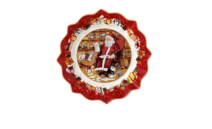 Villeroy & Boch Schale auf Fuß Toys Fantasy Wunschzettel: festliche Deko mit Santa, Geschenken & rotem Rand.
