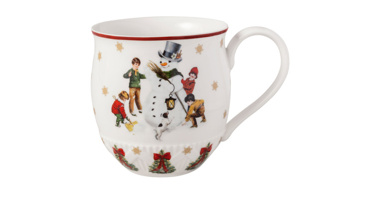 Villeroy & Boch Henkelbecher Toys Fantasy Schneemann: Bunte Porzellantasse mit Schneemann, Kindern & rotem Rand.