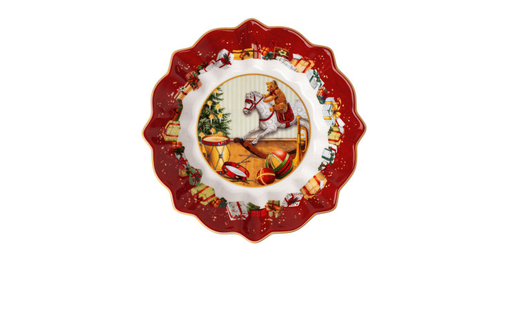 Villeroy & Boch Schale Toy's Fantasy klein 17 cm: Mehrfarbig, Porzellan, mit Schaukelpferd, Baum und Geschenken am Rand.