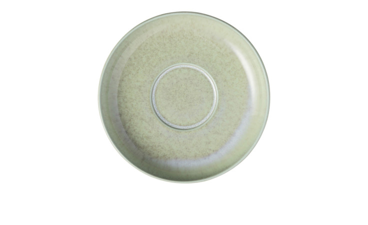 Ein runder, hellgrüner Villeroy & Boch Kaffeeuntertasse Perlemor 16 cm Teller von oben gesehen auf weißem Hintergrund.