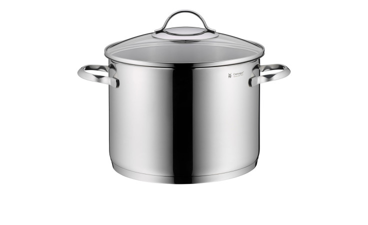 WMF Gemüsetopf Provence 7,5 l Edelstahl mit zwei Griffen und Glasdeckel, silberfarben, isoliert vor weißem Hintergrund.