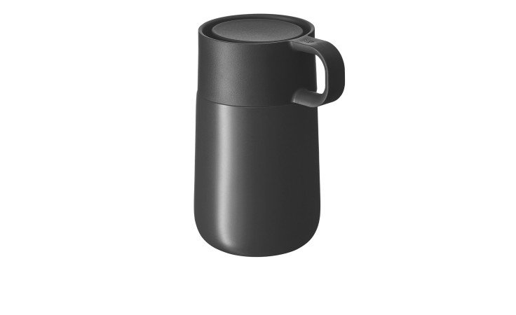 WMF Travel Mug Impulse 300 ml in mattem Anthrazit mit Henkel und Deckel, minimalistisches Design auf weißem Hintergrund.