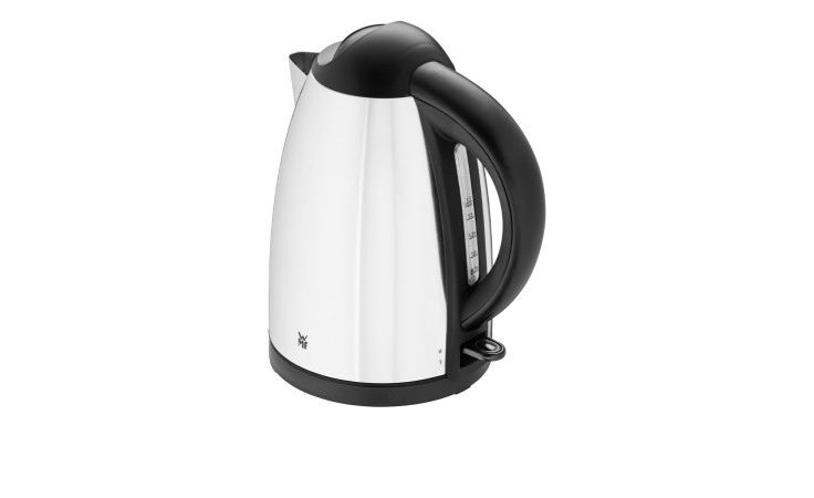 WMF Wasserkocher Bueno in Silberfarben Edelstahl mit Schwarzem Griff und Sockel, isoliert auf weißem Hintergrund.
