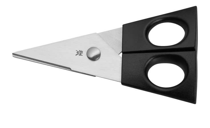 WMF Kräuterschere mit kurzen, breiten silberfarbenen Edelstahlklingen und großen schwarzen Griffen auf weißem Grund.