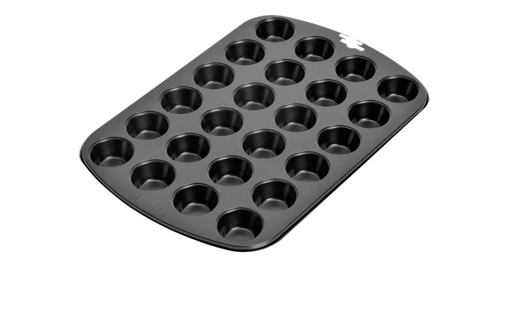 Die Kaiser Mini-Muffinform Inspiration 25 cm, schwarzes Metall, hat 24 Tassen und ist auf einem weißen Hintergrund abgebildet.