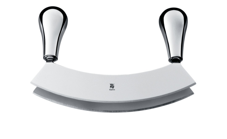 WMF Wiegemesser 18 cm aus Edelstahl mit zwei Griffen, perfekt zum Kräuter- und Gemüsesack auf weißem Hintergrund.