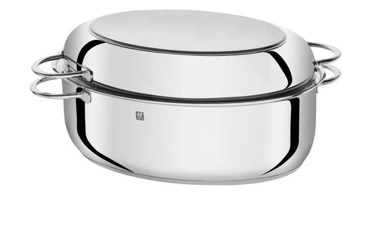 Zwilling Bräter 41 cm, silberfarben, Edelstahl, oval, mit Deckel und zwei Griffen auf jeder Seite.