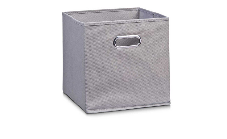 Aufbewahrungsbox 28 x 28 x 28 cm in Grau mit metallverstärktem Griff aus robustem Textil auf weißem Hintergrund.