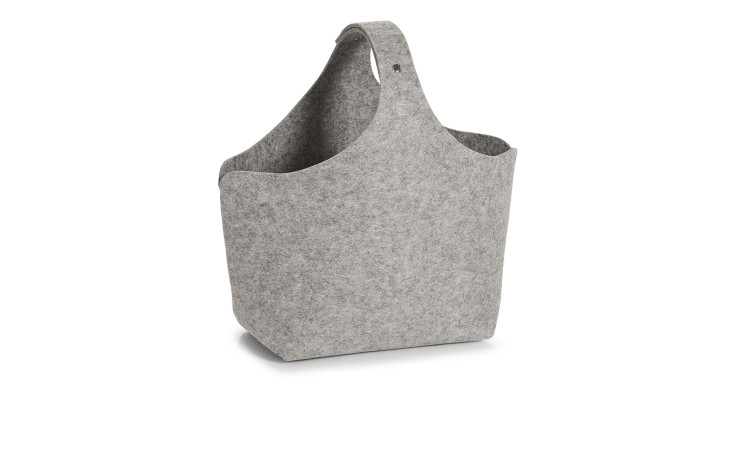 Hellgrauer Aufbewahrungskorb 32 x 18 x 43 cm mit einfachem Griff und Knopfverschluss auf weißem Hintergrund.