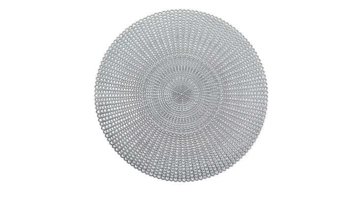 Das Platzset 41 cm ist ein rundes, silberfarbenes Kunststoff-Platzset mit einem verschlungenen, strahlenden, geometrischen Muster.