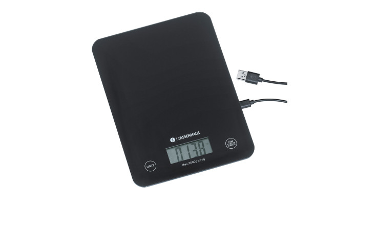 Die Digitale Küchenwaage Balance in Schwarz zeigt 0,128 kg an und verfügt über ein USB-Kabel.